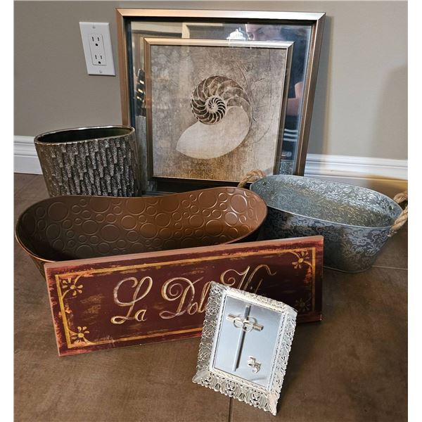 Decorative Home Décor Lot Including Wall Art, Bins, and 25th Anniversary Frame