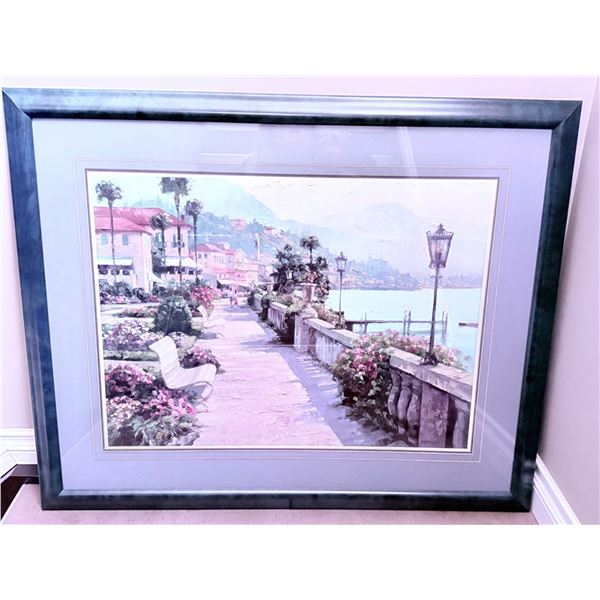 Framed Landscape Print Depicting a Waterfront Promenade