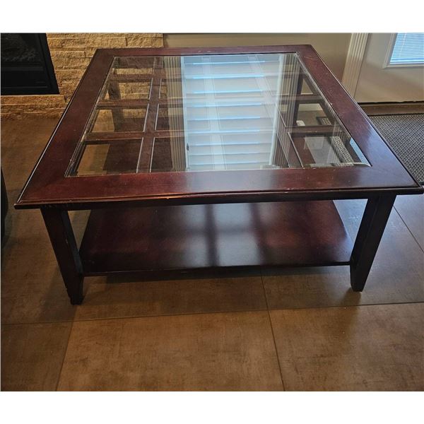 Wood and Glass Coffee Table with Shelf - 40x40x19 Inches