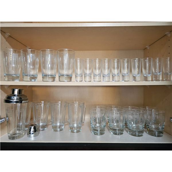 Glassware Including Drinking, Cocktail, and Shot Glasses with Shaker