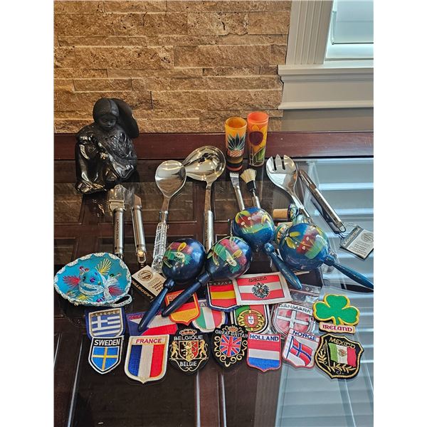 Curated Lot of Decorative Items, Utensils, and Collectible Patches