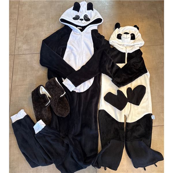 Two Panda-Themed Hooded Onesies with Matching Slippers