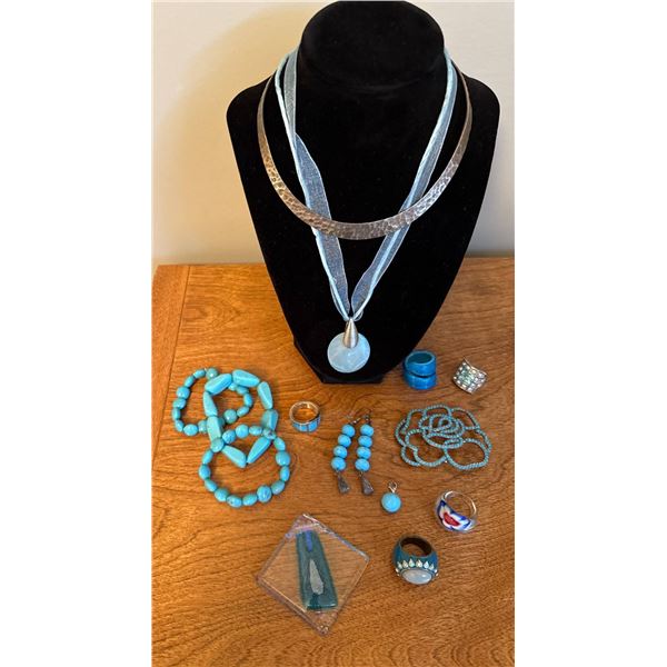 Blue-Toned Fashion Jewelry Including Necklaces, Bracelets, Rings, and More