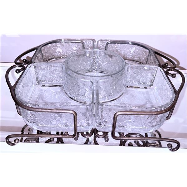 Divided Glass Serving Tray with Metal Scrollwork Frame