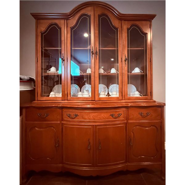 Wood Display Cabinet with Glass-front Hutch and Brass Accents