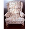 Image 1 : Upholstered Wingback Armchair with Beige and Cream Swirl Pattern