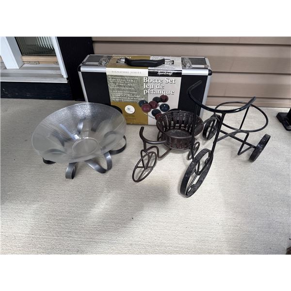 Decorative Items Lot with Metal Tricycle Planter, Glass Bowl, and Bocce Ball Set