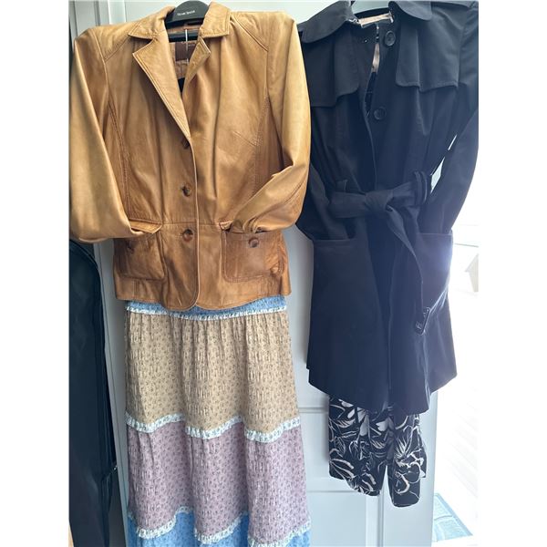 Womens Leather Jacket, Trench Coat, and Two Dresses