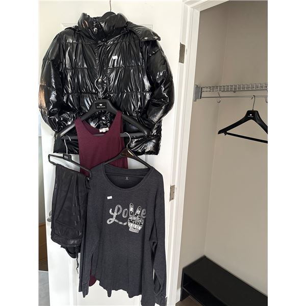 Womens Clothing Lot: Black Puffer Jacket, Graphic Top, Tank Top, and Shorts