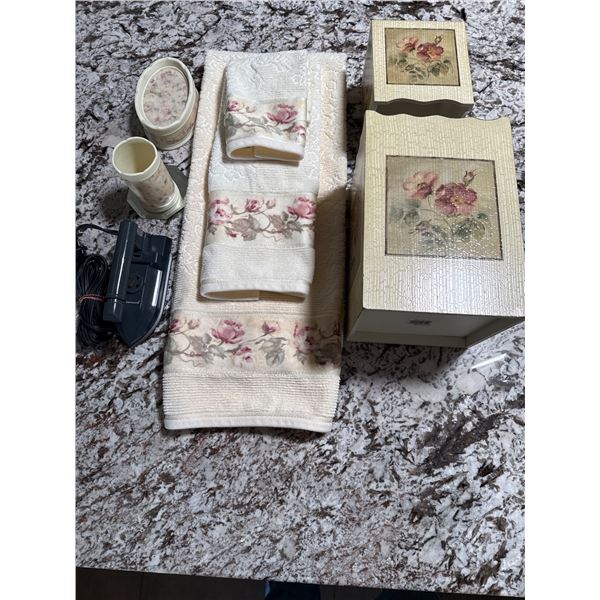 Floral Bathroom Accessory Set and Vintage Clothes Iron