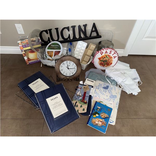 Kitchenware and Home Linens Lot with Wall Clock and Decor