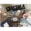 Image 2 : Kitchenware and Home Linens Lot with Wall Clock and Decor
