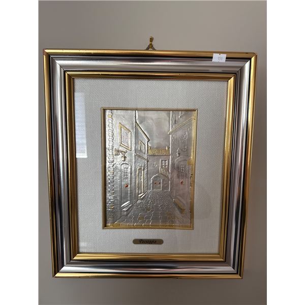 Framed Metallic Relief Artwork of a European Street Scene