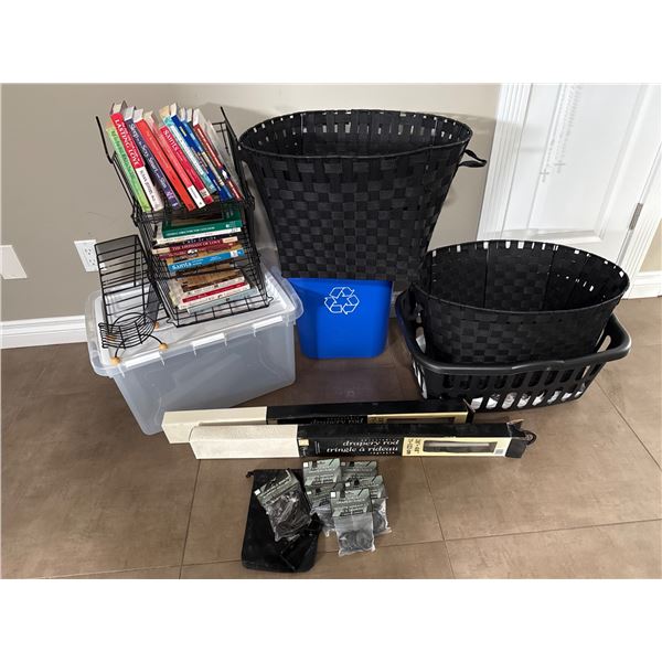 Household Bins, Wire Shelves, Drapery Rods, and Books