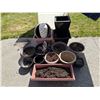 Image 3 : Outdoor Umbrella, Planters, Storage Bin, and Wooden Bookshelf Lot
