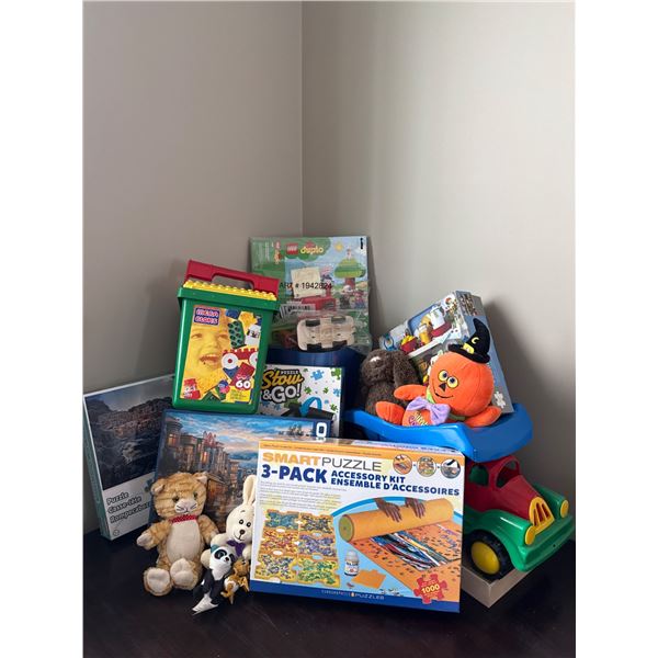 Toys and Puzzles Lot Including Lego Duplo, Plush Toys, and Beyblade