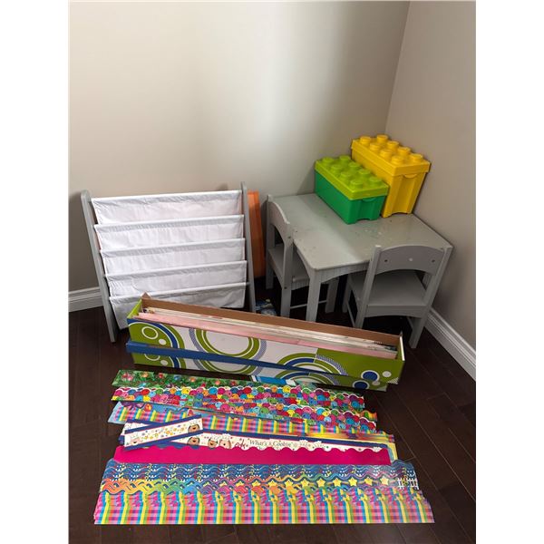 Childrens Activity Lot: Table, Chairs, Book Rack, LEGO Storage, and Border Trimmers