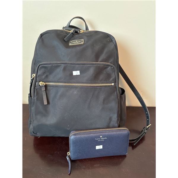 Kate Spade Black Nylon Backpack and Navy Leather Zip Wallet