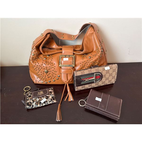 Studded Brown Leather Handbag with Three Designer-Style Wallets