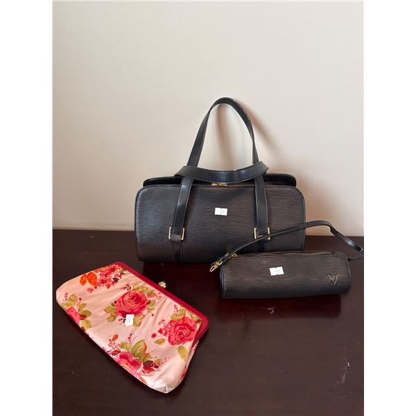 Three Bags Including Black Leather and Floral Fabric Designs