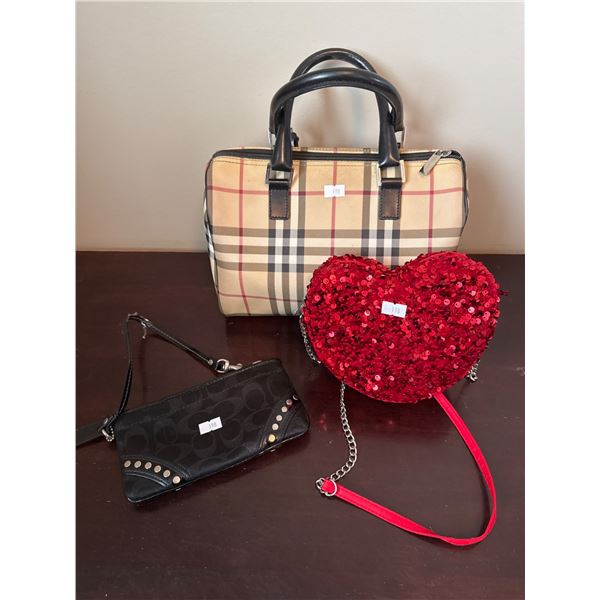Three Bags: Plaid Handbag, Red Heart Sequin Crossbody, and Black Wristlet