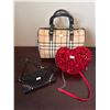 Image 1 : Three Bags: Plaid Handbag, Red Heart Sequin Crossbody, and Black Wristlet