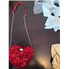 Image 3 : Three Bags: Plaid Handbag, Red Heart Sequin Crossbody, and Black Wristlet