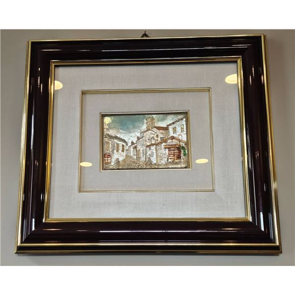 Framed Textured Artwork Depicting a Historic Street Scene