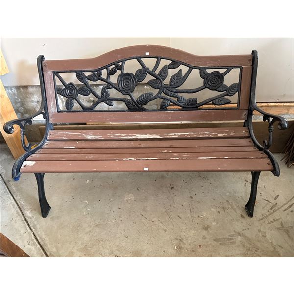 Cast Iron and Wood Garden Bench with Floral Backrest Design