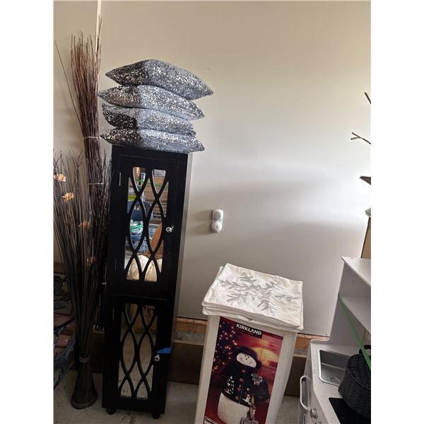 Tall Black Mirrored Cabinet and Sequin Pillows