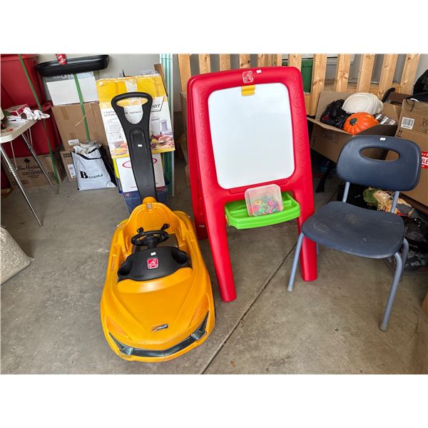 Childrens Push Car and Double-Sided Easel with Accessories