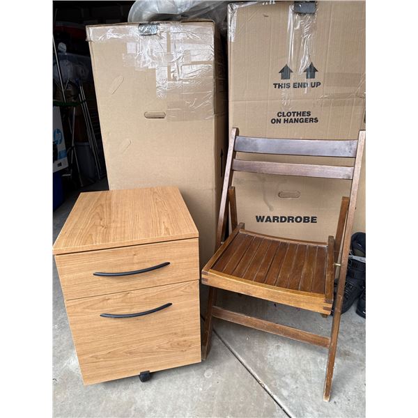 Two-Drawer Rolling Wood Filing Cabinet and Wooden Folding Chair