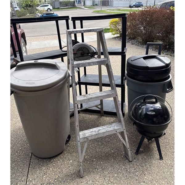 Utility Lot: Ladder, Storage Shelves, Circular Saw, and Trash Bins