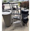 Image 1 : Utility Lot: Ladder, Storage Shelves, Circular Saw, and Trash Bins