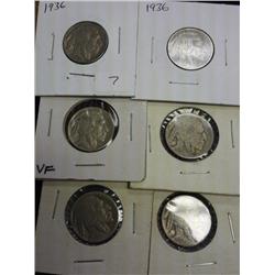 3-1936 & 3-1936-D Buffalo Nickels (6 Coins)