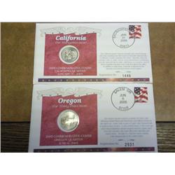 2-2005 50 State Quarter FDC's With Coins, OR, CA