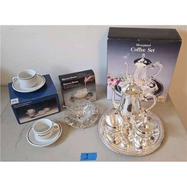 NEW - Silverplated Coffee Queen Anne Silver Plated Party Dish, 4 Cappuccino Cups Saucers