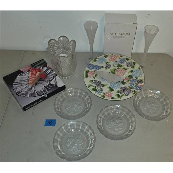 Pedestal Cake Server, Millennium Flutes, and Mikasa Serving Plate Set