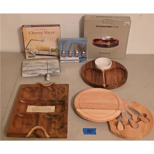 Cheese Slicer, Cheese Board, Chip and Dip Tray, and Wood Divider Tray (Monkeypod)