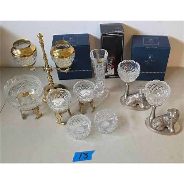New Royal Irish Crystal Candle Holders and Vase Set with Decorative Bases