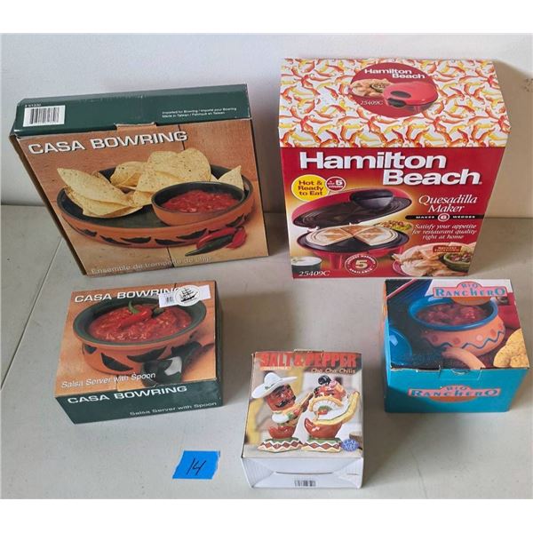 Hamilton Beach Quesadilla Maker, Salt & Pepper Shaker Salsa Bowl, Salsa Server Spoon, Chips & Salsa