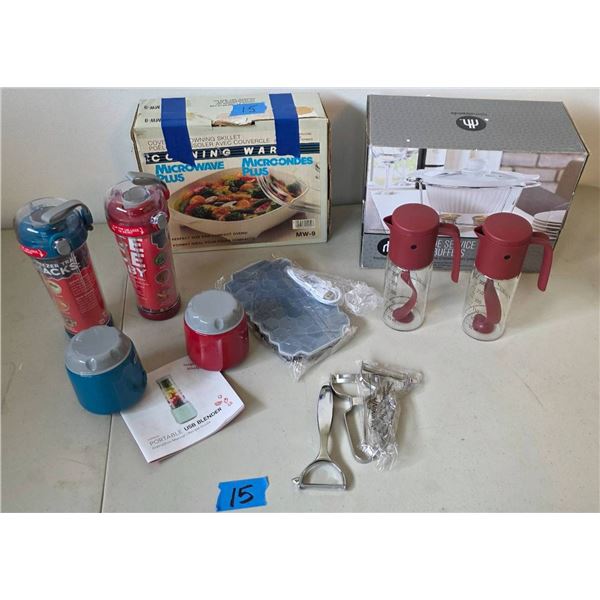 New Buffet Server, Corning Ware Dish, Peelers, Vinegar Mixers, and USB Blenders