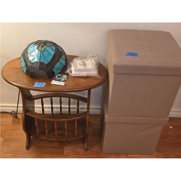 Faux Leather Storage Ottomans, Oak Magazine Rack End Table, and Stained Glass Wall Lamp