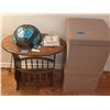 Image 1 : Faux Leather Storage Ottomans, Oak Magazine Rack End Table, and Stained Glass Wall Lamp
