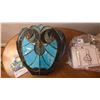 Image 4 : Faux Leather Storage Ottomans, Oak Magazine Rack End Table, and Stained Glass Wall Lamp