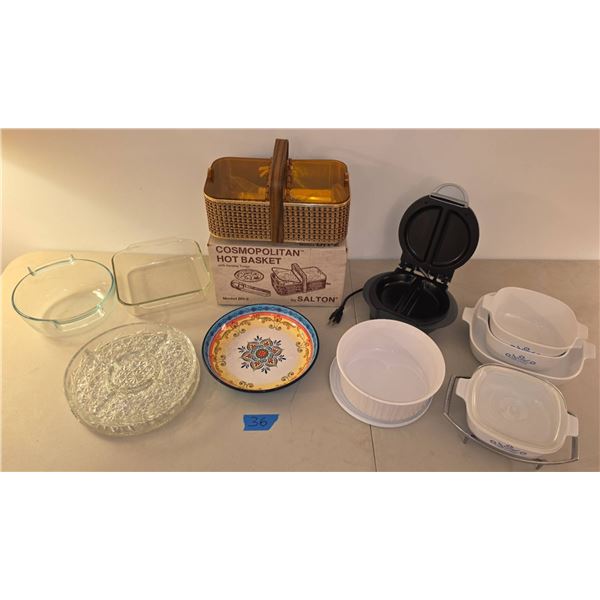 New Cosmopolitan Hot Basket, Serving Trays, Bowl, and 4 Corning Ware Casserole Dishes