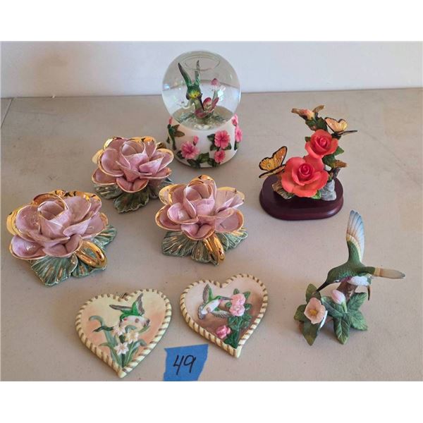 Musical Hummingbird Globe and Capodimonte Rose Candle Holders