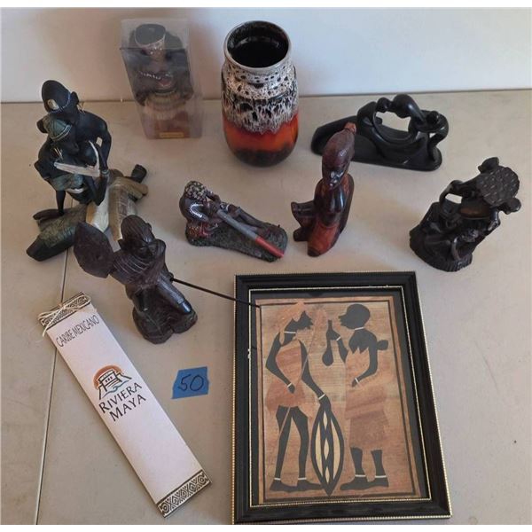 Hand-Carved African Figurines, Vintage New Zealand Doll, and Lava Glazed Vase