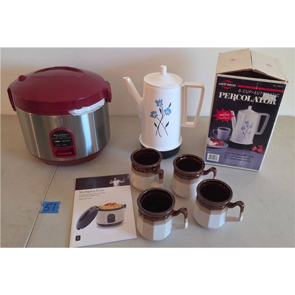Wolfgang Puck Rice Cooker and West Bend 8-Cup Percolator with Four Cups