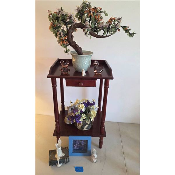 Wooden Table with Drawer, Chinese Bonsai Tree, and Glass Figurines